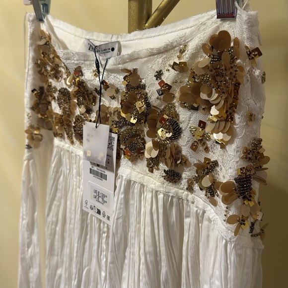 NWT Zara | White Gold Midi A-Line Skirt beaded bead lace - Picture 7 of 16